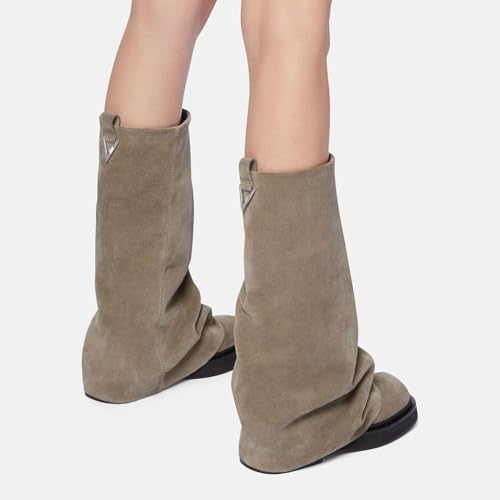 Platform Boots for Women Wide Calf Slouchy Mid Calf Fold Over Shark Boots Pull on Chunky Heel Pleated Stacked Shoes4