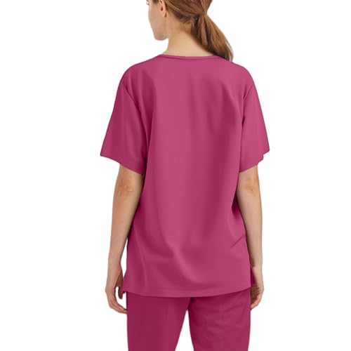 Image of FONMA Scrub Tops Women Plus Size Stretchy V-Neck Scrub Shirts with 4 Pockets Breathable Short Sleeve Nurse Uniforms