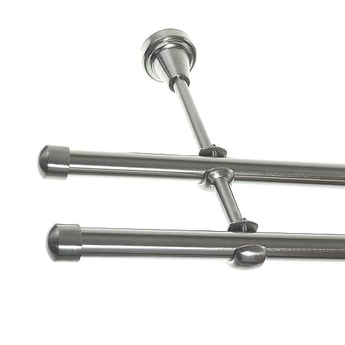 BASIT Gardinenstange 2 läufig 360 cm lang I Ø 16 mm I Vorgangstange doppelläufig Wandmontage in Edelstahl Look Set Metall I 120-600cm wählbar H24