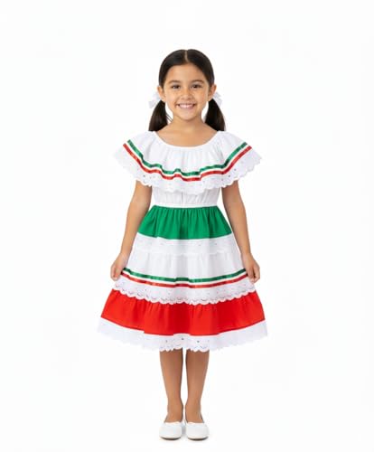 Girl's Traditional Mexican, Central America, Birthday, Cinco De Mayo, Cultural Fiesta Dress with Lace & Ribbons Trims