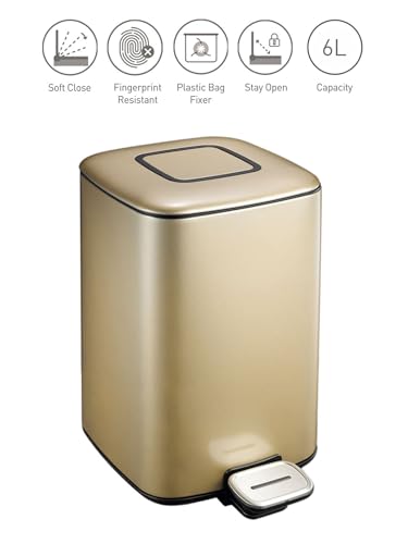 Image of Obsessions EKO Soft-Close Bathroom Trash Can - 6L Stainless Steel Pedal Bin with Lid & Liner, Elegant Champagne Gold Waste Basket for Home & Kitchen