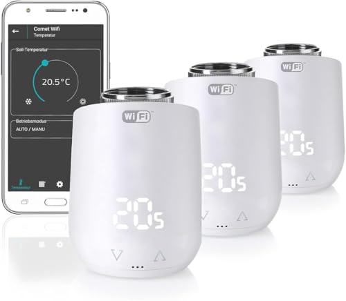 Eurotronic Comet Wifi 3er Set Heizkörperthermostat (M30 x 1,5 mm Gewindeanschluss, kompatibel mit 2,4 GHz WLAN, Heizungsregler-System mit Alexa-Steuerung, energiesparend, App-Steuerung, LED-Anzeige)