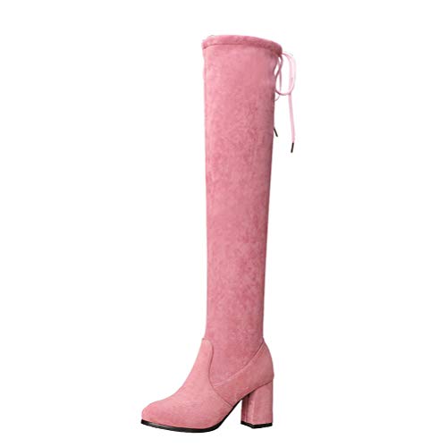 Birdsight Damen Blockabsatz Overknee Stiefel High Heels Stretch Boots mit Reißverschluss und Schnürung 7cm Absatz Stiefel(Rosa,37) Cover