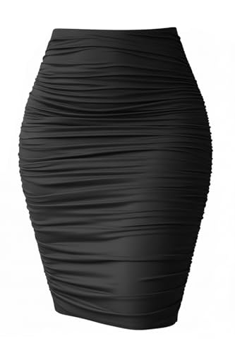 eoeoo Women's Elastic High Waist Ruched Bodycon Stretch Elegant Pencil Midi Skirt Black X-Large