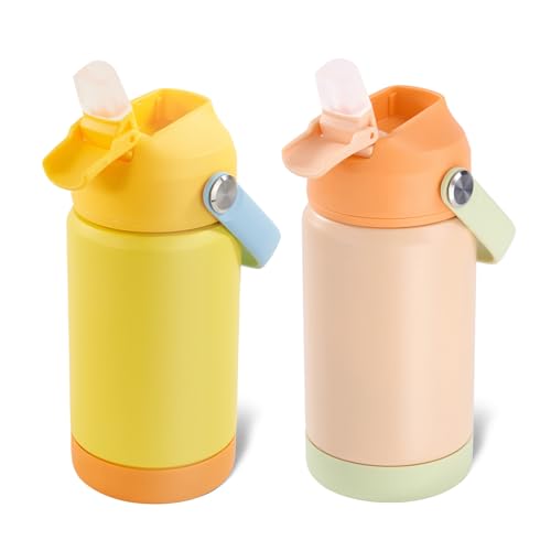 Kerilyn 12oz Kids Water Bottle 2 Pack, Stainless Steel Insulated Water Bottle Bulk, Toddler Cups with Straws Leak-Proof, Kids Water Bottles for School Boys Girls, BPA Free, Cantaloupe + Yellow