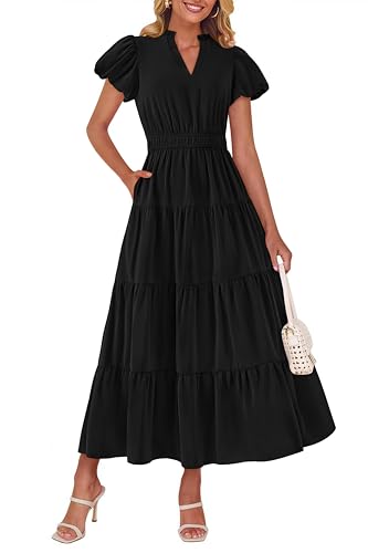 dowerme Womens Summer Dresses 2025 Casual Puff Sleeve V Neck Smocked Waist A-Line Tiered Maxi Prom Dress with Pockets