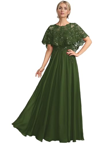 Cape Sleeves Mother of The Bride Dresses for Women with Pockets Sequin Lace Chiffon Formal Dresses Prom Evening Gowns