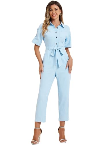Allegra K Women's Short Sleeve Collared Coverall Tie Waist Cargo Jumpsuit