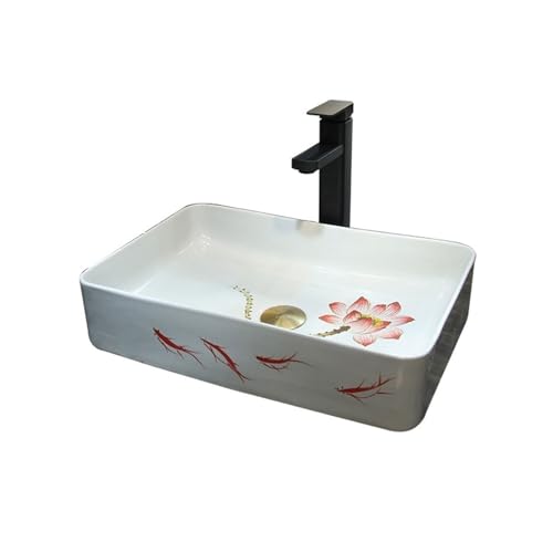 Cubeta de lavabo Lavabo de pez loto pintado a mano cuadrado Vintage, lavabo baño fino, encimera for el hogar Mueble de baño