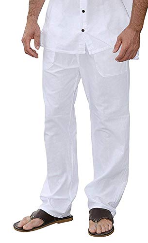 M&B USA Cotton White Pants Summer Beach Elastic Waistband Casual Pants
