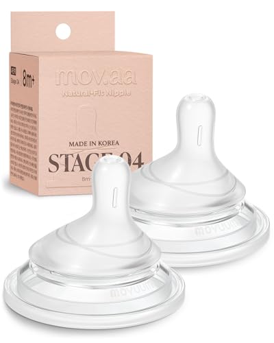 Moyuum Natural Fit Silicone Nipple for MOV.aa Bottles, Made in Korea - Perfect for Newborn, Anti-Colic Feed, Easy to Latch for Infant, from Breast to Bottle | Stage 4, Extra Fast Flow, 8m+ (2 Pack)
