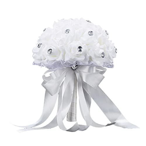 Handgemachte Brautstrauß Hochzeit Blumenstrauß Gefälschte Rose Braut Bouquet Blume Künstlich Blume Strass Braut Brautjungfern Hochzeitsblumenstrauß Rosenblumen Handstrauß Rosenstrauß für HochzeitWeiß