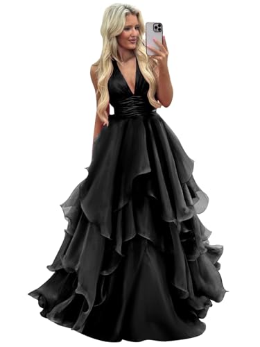 Women's Tiered Puffy Tulle Prom Dresses 2025 Pleated Backless Ruffle Halter Princess Ball Gown