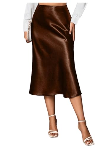 Floerns Women's Elegant High Waist Midi Skirt Satin Fishtail Hem Business Casual Skirts