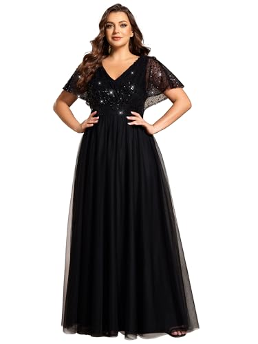 Ever-Pretty Plus Women's V Neck Curvy Short Sleeves A Line Sequin Plus Size Formal Evening Dresses 02223-DA