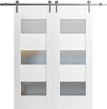 VDOMDOORS Modern Double Barn Door 72 x 84 inches with Opaque Glass/Sete 6003 White Silk/Stainless Steel 13FT Rail Track Set/Solid Panel Interior Doors