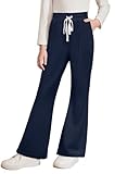 blibean Girls Uniform Pants Teen Girl School Dress Pant Tween Wide Leg Bottoms Big Kids Flare Corduroy Trousers Bell Pockets Slacks Size 10-11 Years Old Navy Blue