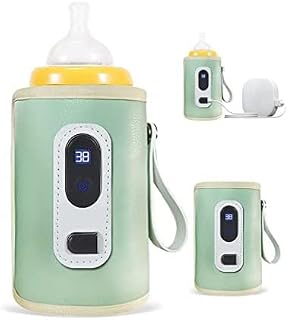 Calentador Portátil de Biberones, Calentador de Biberones USB para Bebés, Bolsa Con Termostato Para Biberones 5 Temperaturas Ajustables, para Viaje y Casa (Cuero Verde)