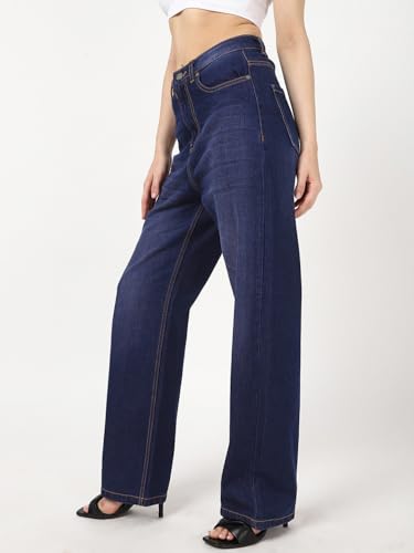 Image of Bewakoof Women's 100% Cotton Straight Fit Jeans | Jeans for Woman | Pants for Woman | Classic Denim Pants | Everyday Casual | Utility Streetwear | Lightweight & Flexible | Straight Pants for Women