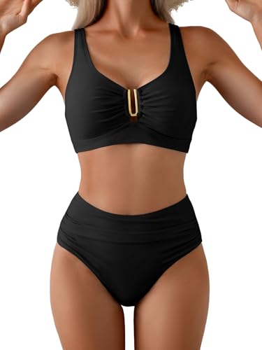Image of Eomenie Bikini Sets for Women High Waisted Two Piece Bathing Suit U Wired V Neck Swimsuit Adjustable Straps Swimwear