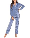 Ekouaer Schlafanzug Damen Pyjama Set Zweiteilige Nachtwäsche Lang Flanell Fleece Langarm Sleepwear Hausanzug Knopfleiste Sleepshirt und Pyjamahose für Herbst Winter, Marine, XL