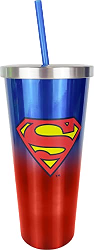 Image of Spoontiques DC Comics Stainless Steel Tumbler, 24oz - Double Wall Insulated Travel Cup with Straw - Superman