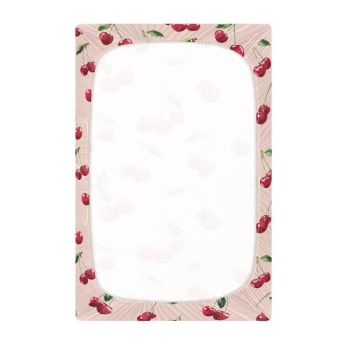 Image of Cute Cherry Pattern Crib Sheets Soft Breathable Fitted Baby Crib Sheets Mattress Cover for Girls Boys, 52 inch x 28 inch x 9 inch