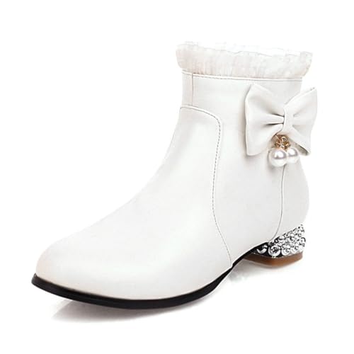 Girls Bow Ruffled Ankle Boots Classic Side Zipper Low Chunky Heel Short Booties Dress Shoes Fashion Fall Winter Shoes for Little Kid/Big Kid