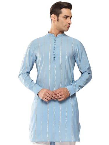 Image of See Designs Men's Long Sleeve Side Slit Chanderi Silk Sequins Mandarin Collar Kurta