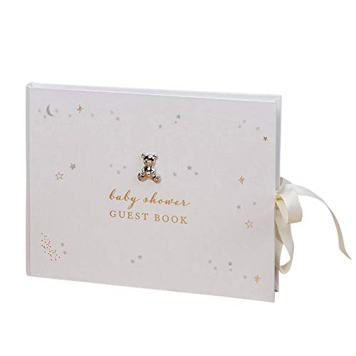 Happy Homewares White Baby Shower Guest Book with Cream Ribbon and Silver and Gold Stars