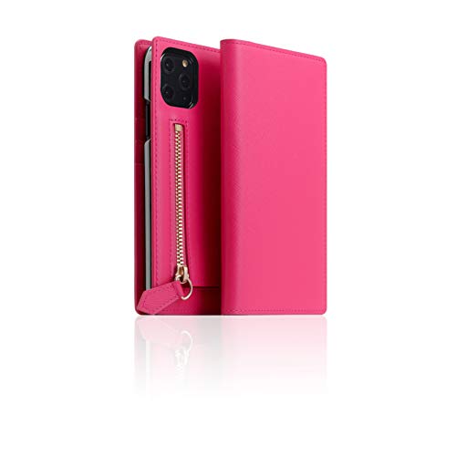 SLG D5 Calf Skin Leather Zipper Case for iPhone 11 Pro I Saffiano Pattern Leather Mini Coin Purse Wallet Case Zipper Pouch with Feature Card Slots Compatible with iPhone 11 Pro (Pink)