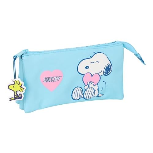Snoopy Love - Portatodo Triple, Estuche Infantil, Estuche Niño, Ideal para Niños en Edad Escolar, Cómodo y Versátil, Calidad y Resistencia, 22x3x12 cm