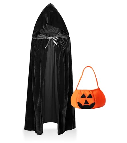 SUVEK Capa de Vampiro con Cuello, 90cm Disfraz de Halloween Niño Niña con Bolsa De Caramelo, Negro Disfraces con Capucha, Vampiro Cosplay Costume Carnaval Fiesta Cumpleaños