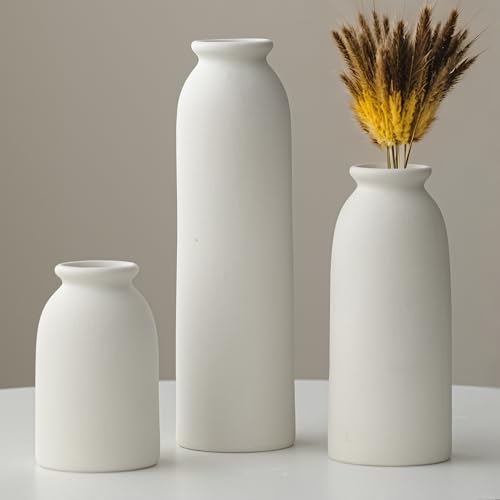 Juego de 3 jarrones de cerámica de 26,6 cm, pequeños jarrones para decoración, color blanco