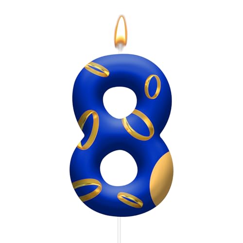 Birthday Cake Candles - Blue and Golden Ring Number Candles with Vibrant Designs for Boys & Girls, Theme Birthday Party Decorations,Cake Toppers for Theme Parties(Number 8)