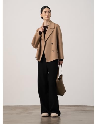 utcoco Women Cropped Wool Pea Coats Notched Lapel Double Breasted Crop Woolen Trench Coat Short Jackets with Pockets3