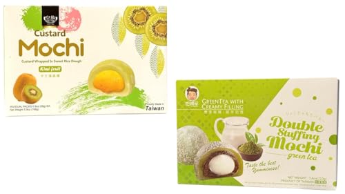 Combo - Kiwi Mochi and Green Tea Mochi - Mochi Kiwi va Mochi Tra Xanh - 5.9 Oz per Box with 2 Boxes per Order included 1 box of Kiwi Mochi and 1 box of Green Tea Mochi - Made in Taiwan