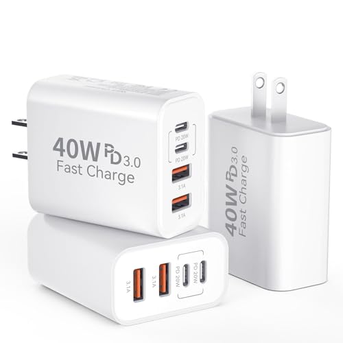 Image of USB C Wall Fast Charger Block, 40W 4-Port Type C Chargers Fast Charging Blocks PD Power Charger Adapter+QC 3.0 USB Multiport Charger Brick for Phone 17 /16 /15 /14 /13 /12 Pro Max, i-Pad, Galaxy S25-3Pack