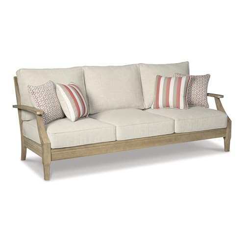 Signature Design by Ashley Clare View Outdoor Patio Sofa, 4 Throw Pillows, Nuvella Weather Resistant Fabric, Eucalyptus Wood, 81" W x 35" D x 32" H, Beige