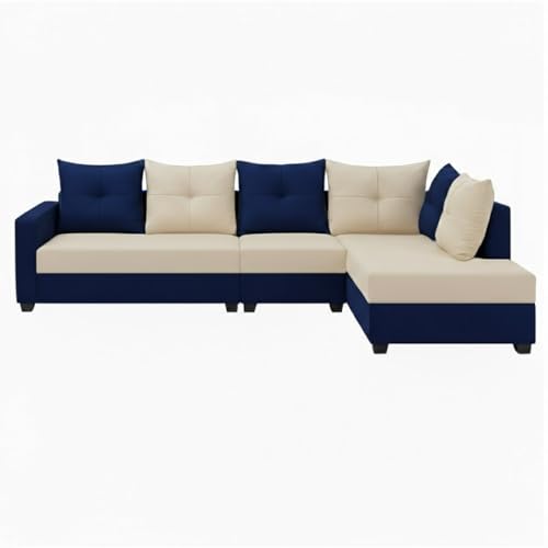 Image of SOCOZI Oriana 6 Seater RHS L Shape Sofa Set | Soft Velvet Suede Fabric | Modern Design | Plush Comfort Cushions for Living Room (Dark Blue-Cream)