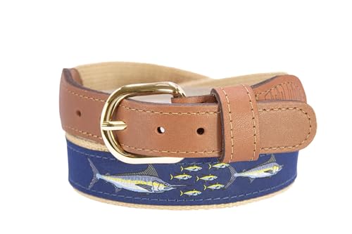 ZEP-PRO Marlin Men's Woven Ribbon Belt – Repeating Game Fish Ribbon With Tan Full Grain Leather Tabs – 1.25