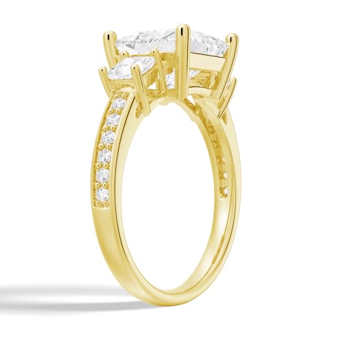 MSBLUE® Three Princess Cut Moissanite Engagement Ring with Pave, 14K Gold Vermeil, Rhodium Finish3