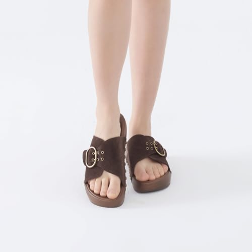 Image of UBFEN Womens Slides Platform Sandals - Genuine Leather, Arch Support Comfortable Buckle Sandals for Walking