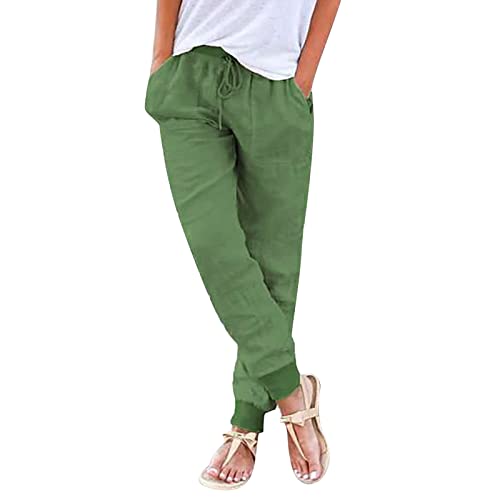 riou Pantalones Mujer Verano Frescos Talla Grande Lino de Algodón Cintura Alta Pierna Ancha Baggy Suelto Pantalón Largo Ligeros Pantalón de Chándal Suave y Cómodo Danza Pilates Yoga Pants