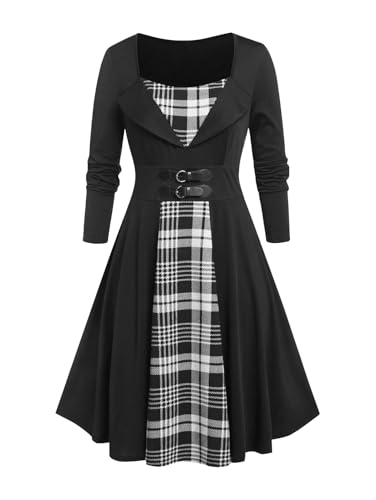 ROSE GAL Damen Übergröße Plaid Rockabilly Retro Pinup 1950er Vintage Fit und Flare Kleid, White_1, Large Mehr