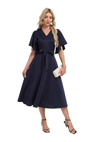 Image of DNFUN Women's Cocktail Dresses 2025 Formal Wedding Guest Church Modest Christmas Party Prom Dress Navy