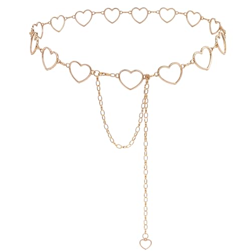 Yuanchu Damen Dünner Metallgürtel, Gold Herz Taillenkette für Damen Verstellbarer Gürtel Mädchen Damengürtels Metall Kettengürtel für Kleid Jeans Hosen Pfirsich Herz Anhänger