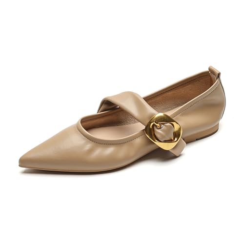 Women's Mary Jane Flats Adjustable Metal Buckle Fashion Pointed Toe Low Heel Flats Comfortable Dress Flats (Khaki,10)