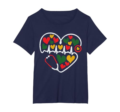 Stethoscope Heart Juneteenth Melanin Nurse African American T-Shirt, Women's Plus, Navy Blue, 4X