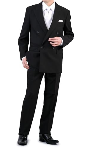 フォーマルスーツ メンズ ダブル4つボタン オールシーズン 礼服 ダブルブレスト ワンタック アジャスター付 洗えるスラックス ウォッシャブル パンツ 黒 冠婚葬祭 結婚式 葬式 法事 ブラックスーツ AB体8号 - Suits Japan(スーツジャパン) - 商品画像